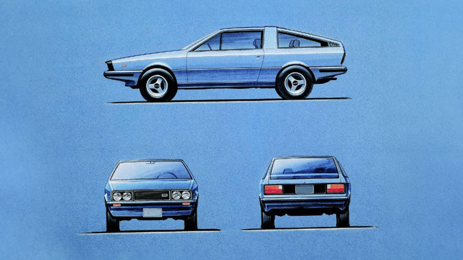 Period presentation showing the Pony Coupe from three angles