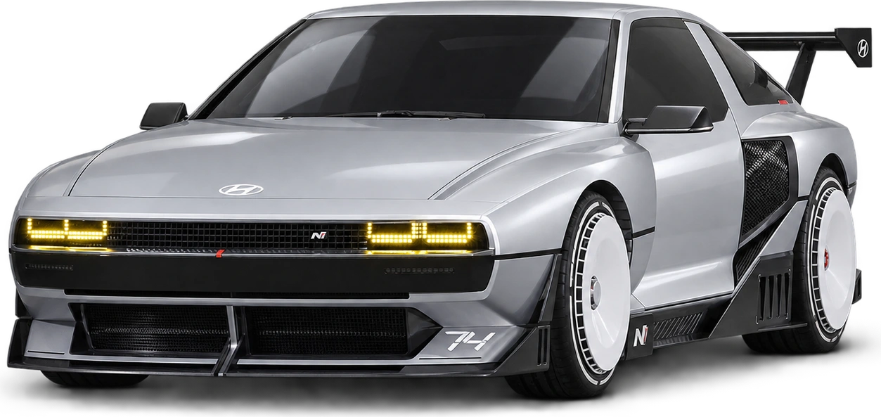Silver Hyundai N Vision 74 with pixel headlights, sculpted bodywork and a rear wing